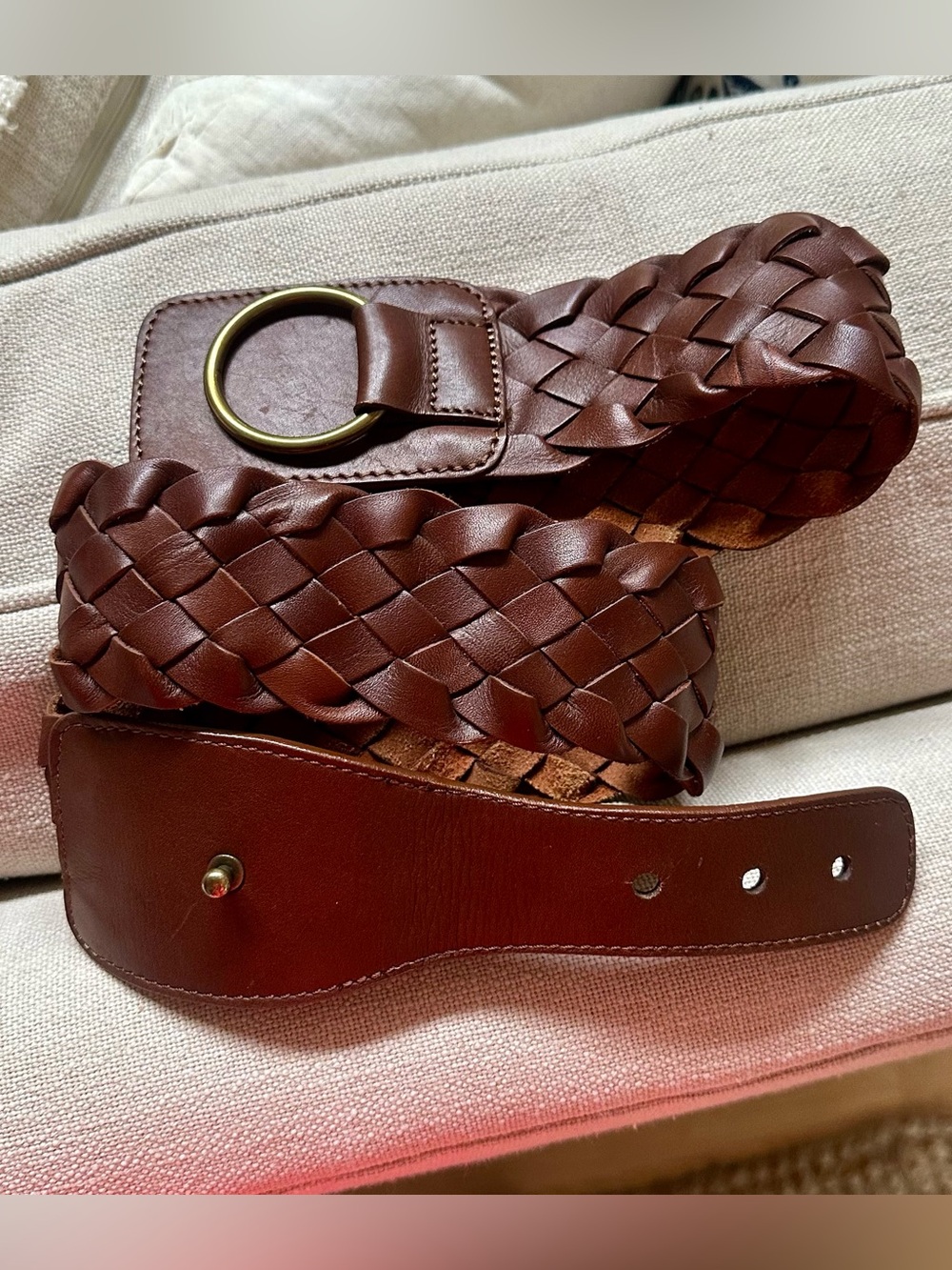 Braided Brown Leather Belt with Brass Ring Buckle